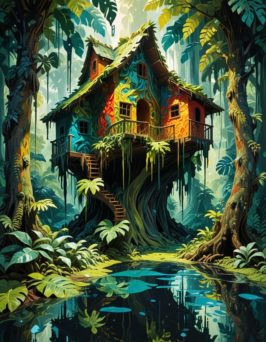 Melting Treehouses in Woods as Impasto Painting