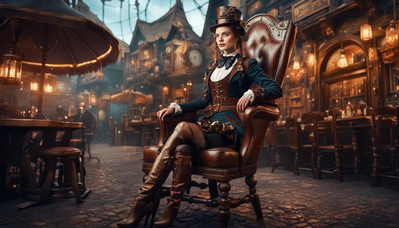 Steampunk Woman in Tavern, Detailed Matte Painting
