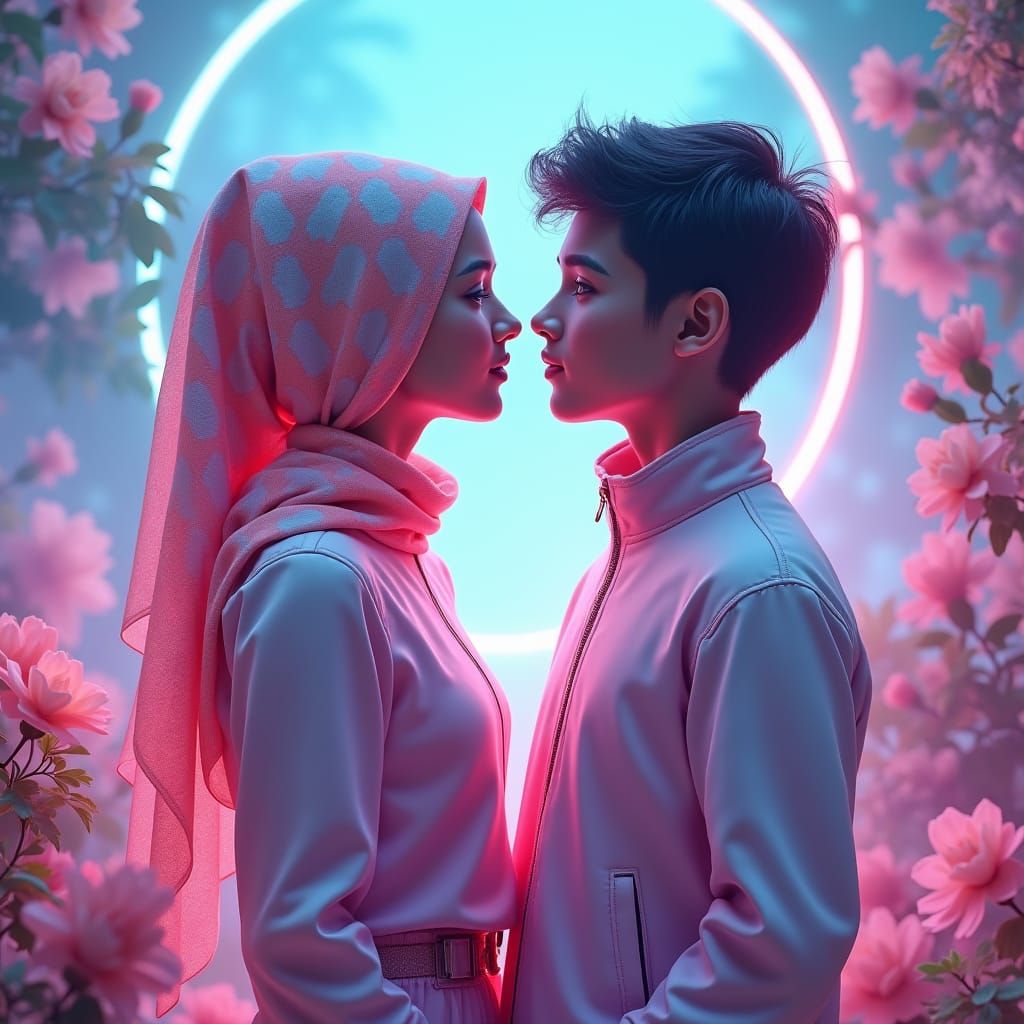 Vaporwave Twin Flame Couple in Neon Landscape