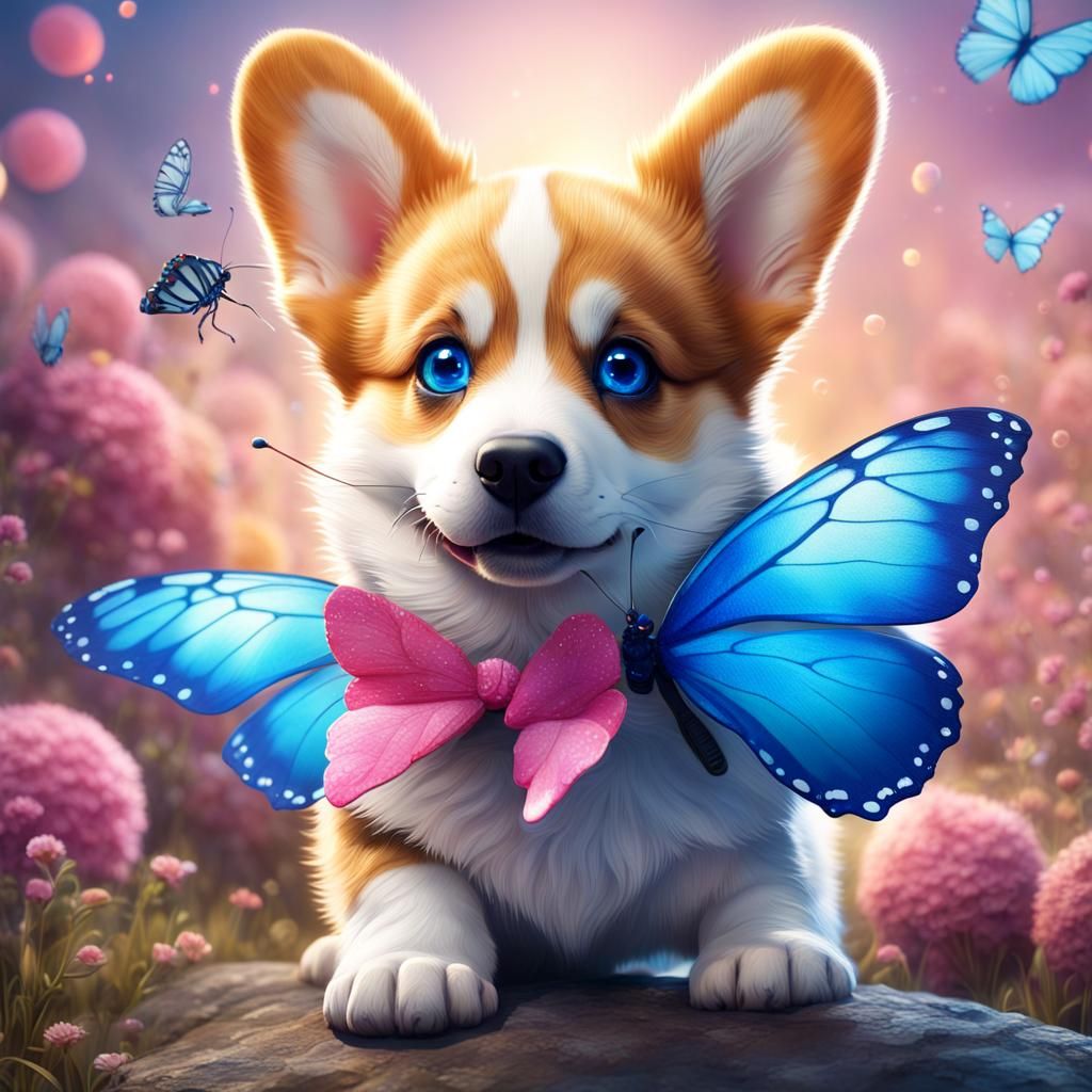 Orange Corgi Puppy with Butterfly, Fantasy Art