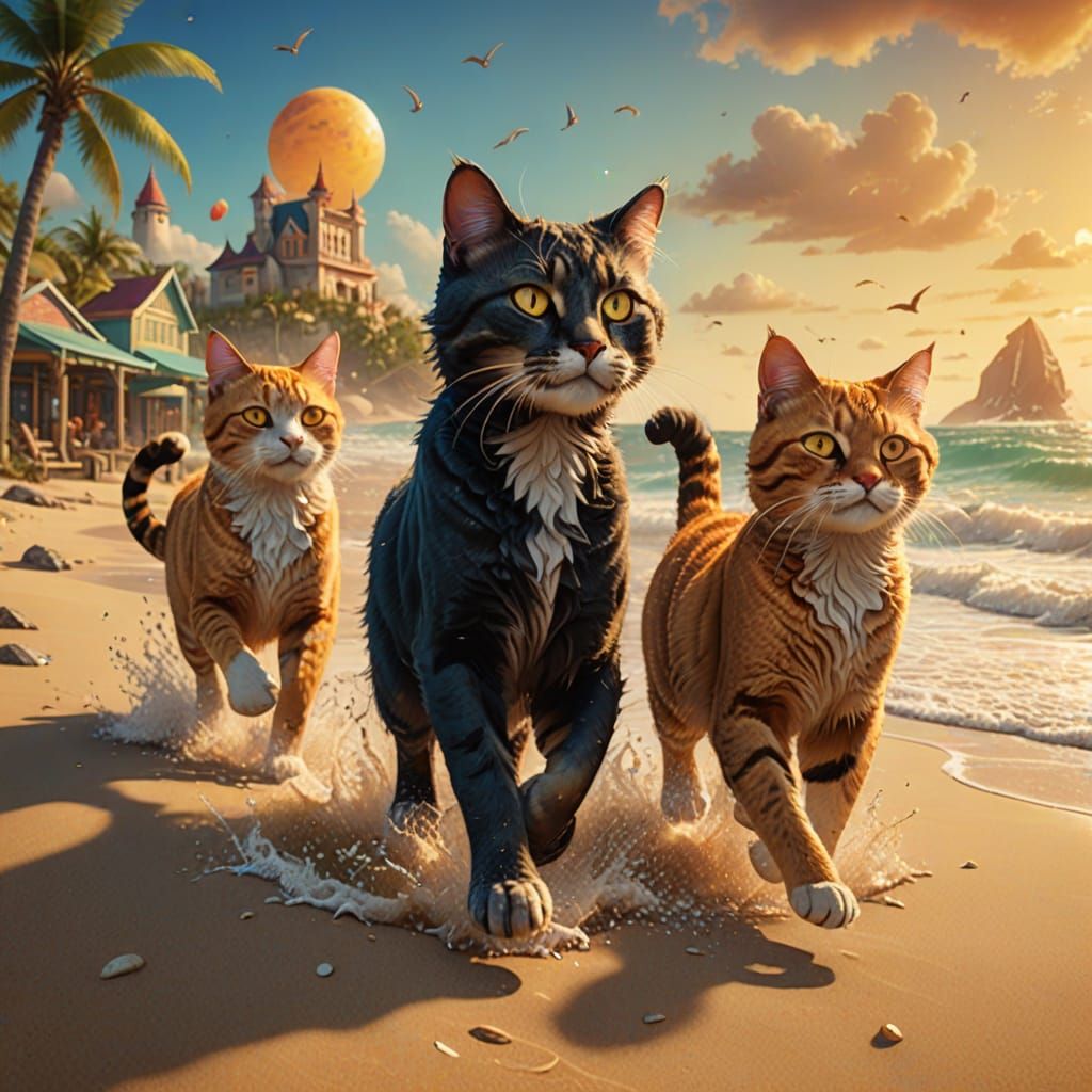 Fantasy Cats Play on Vibrant Beach in Detailed Matte Paintin...