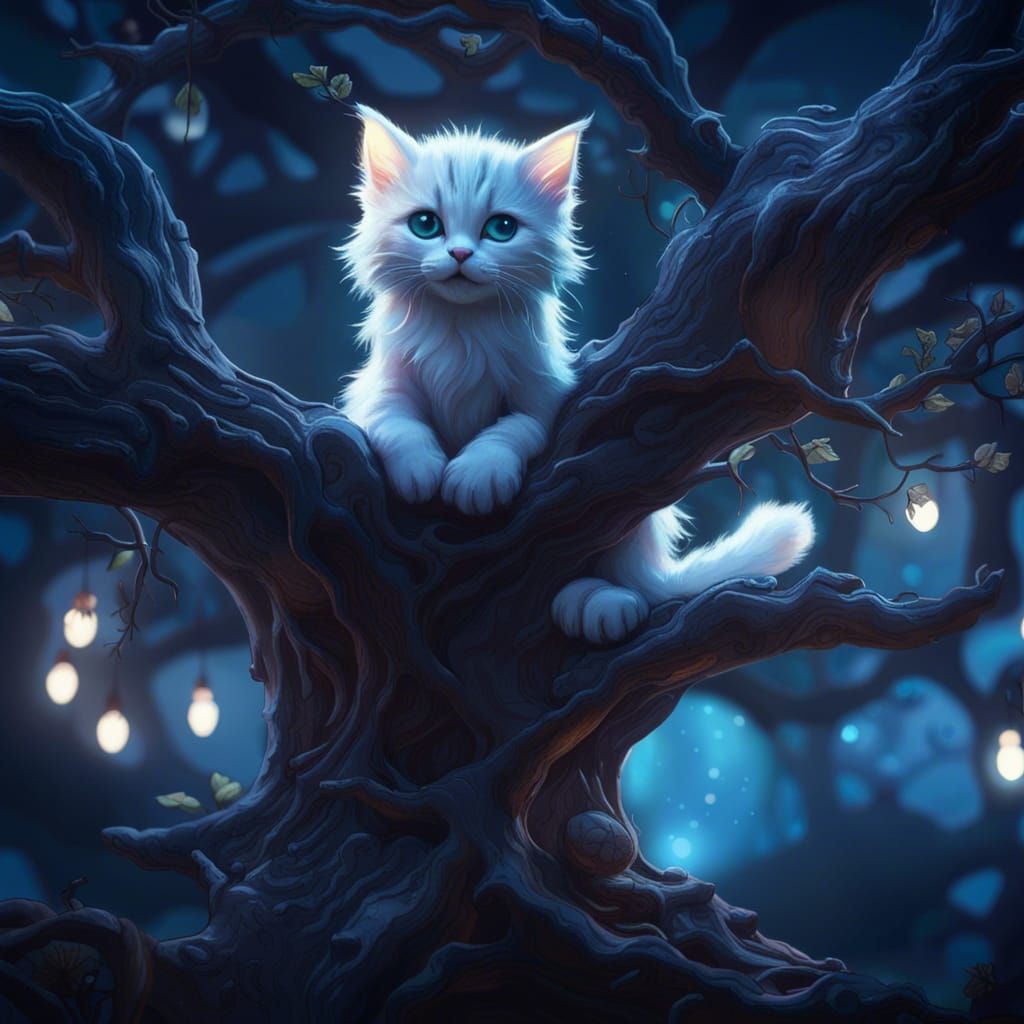 Ethereal Ghost Kitten in Moonlight Oak Tree