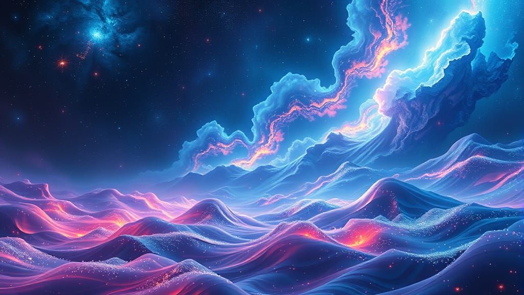 Cosmic Celestial Landscape in Glowing Liquid Watercolor
