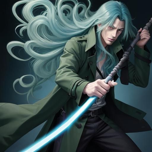 Blue-Haired Man with Energy Staff in Anime Style