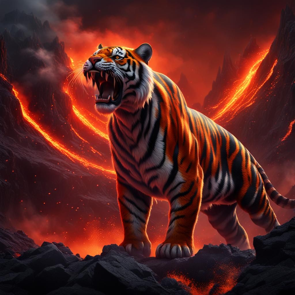 Magma Tiger in Volcano: Detailed Fantasy Art