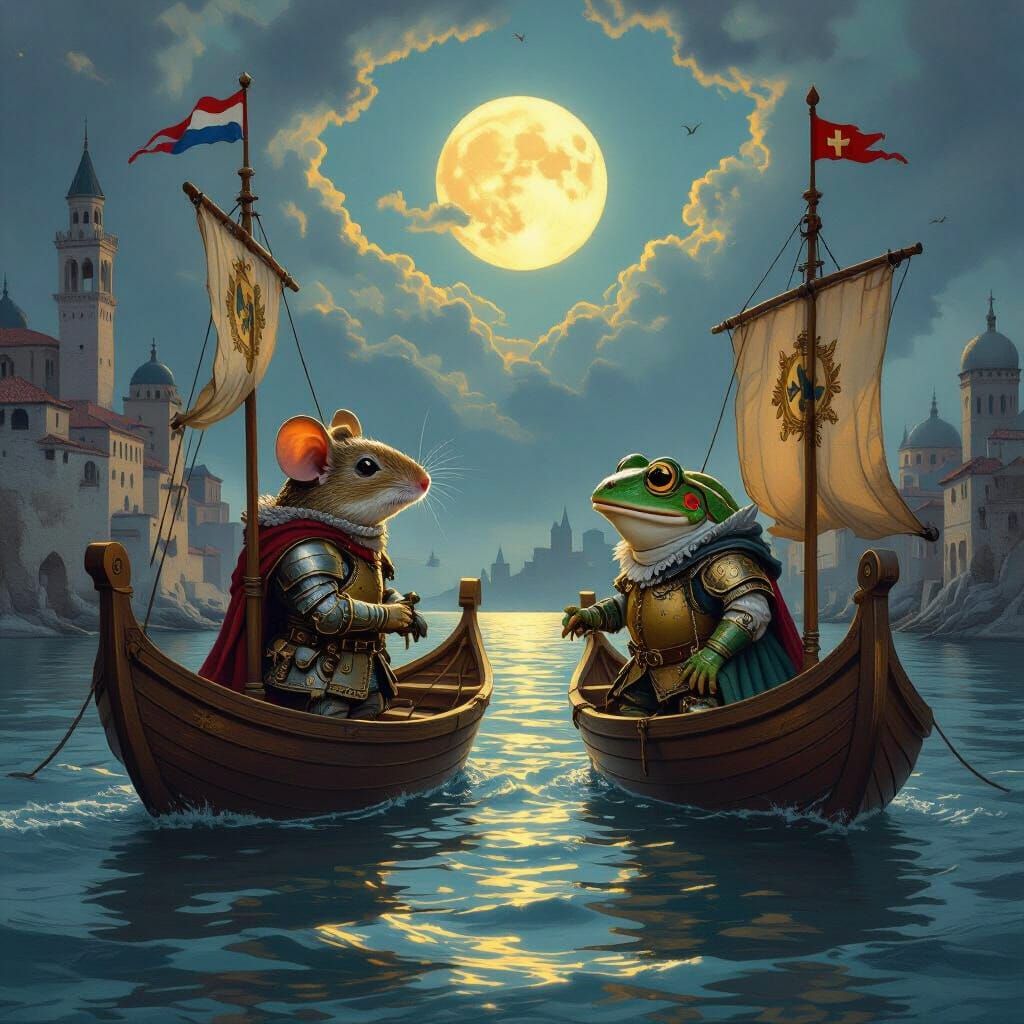 Armored Mouse and Frog in Moonlit Sea, Dutch Masters Style