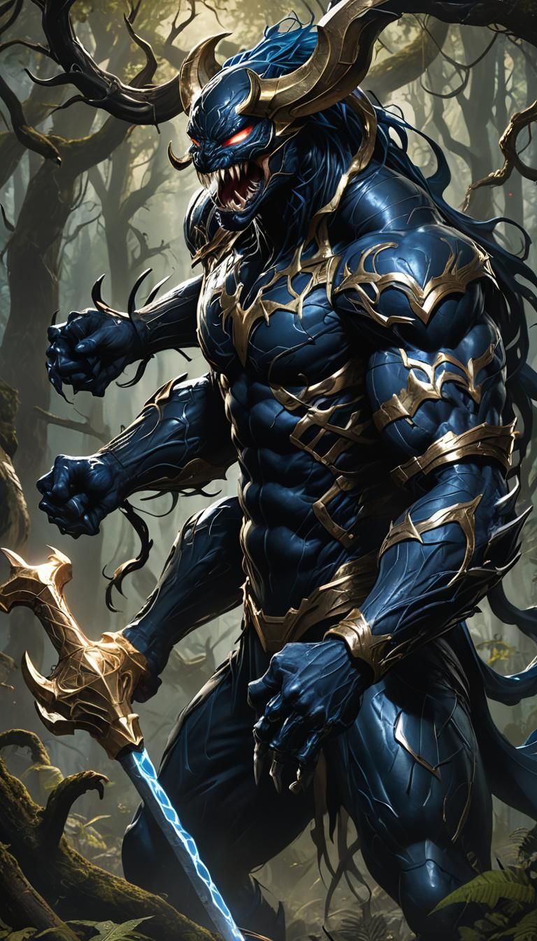 Venom Empowered Being Wields Thor's Hammer in Mystical Fores...
