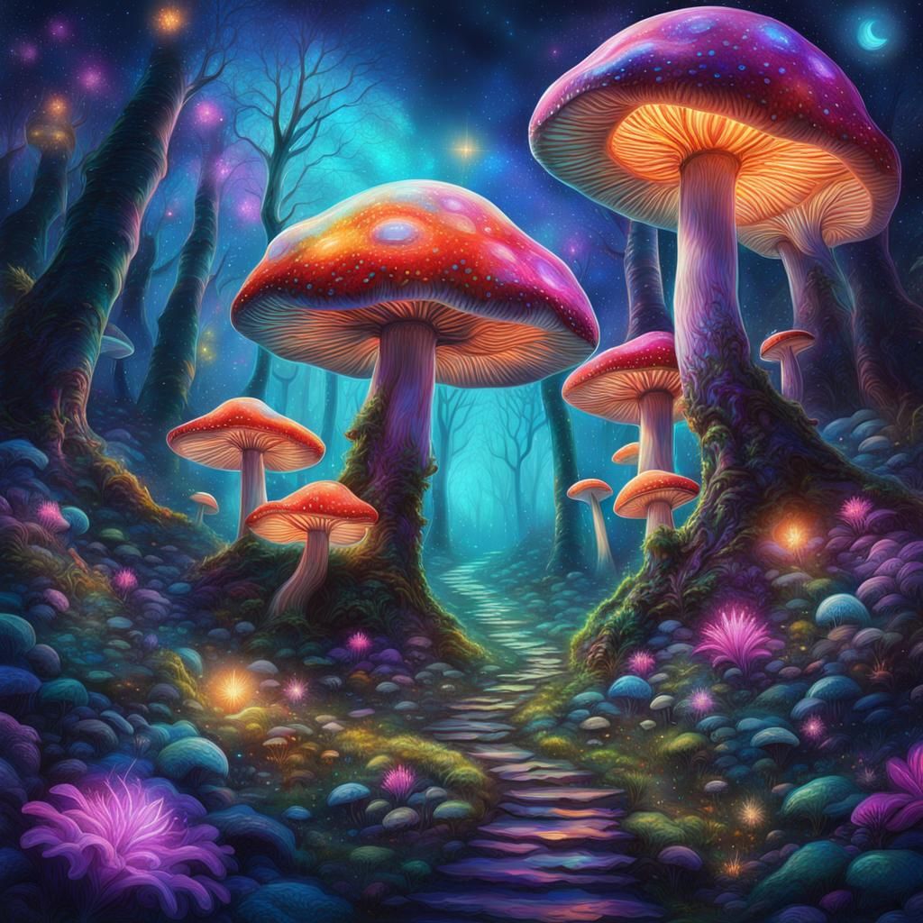 Magical Mushroom Forest: Holographic Cosmic Illustration