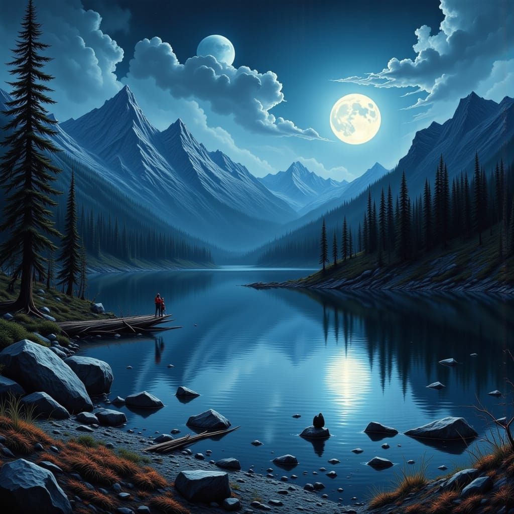 Moonlit Mountain Lake in Deco Surreal Style