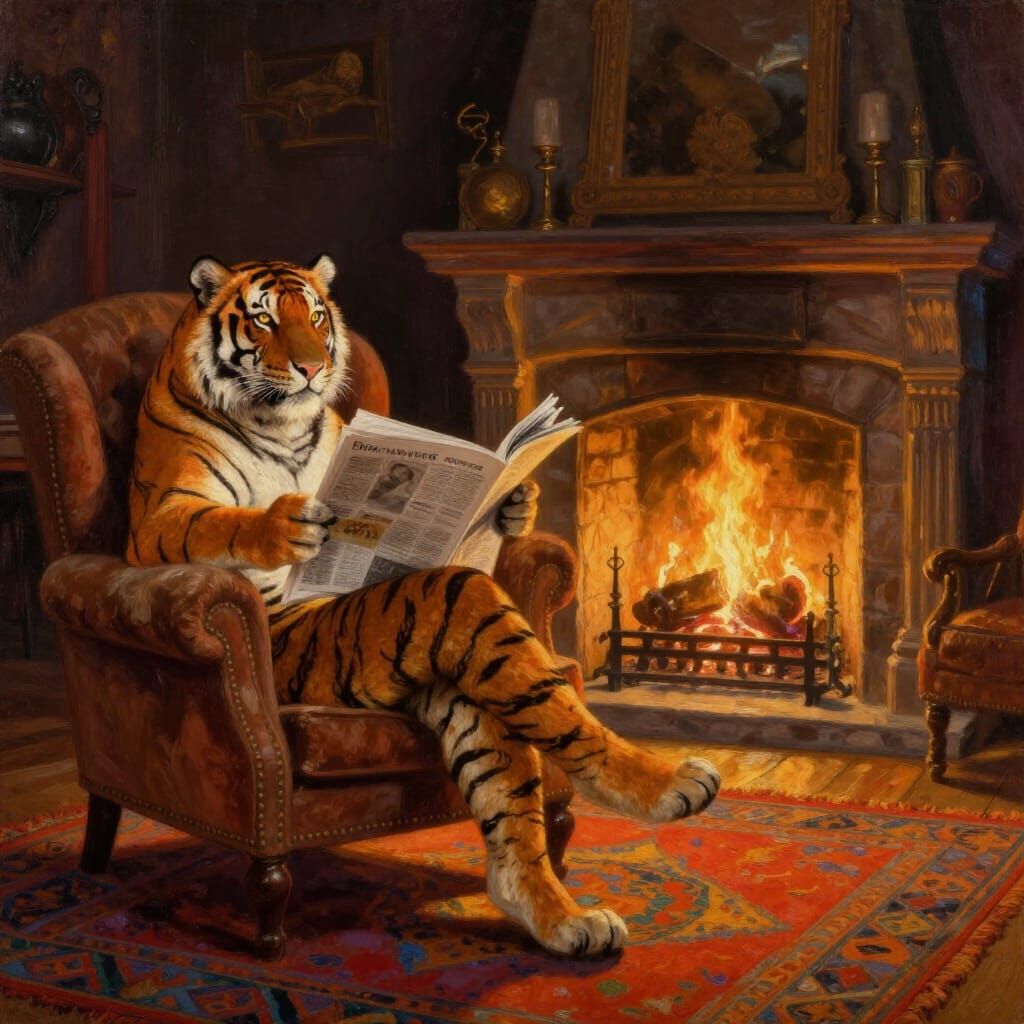 Tiger Reading Newspaper in Cozy Lair Oil Painting