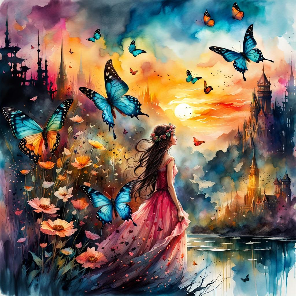 Fairytale Butterfly Sunset in Digital Watercolor