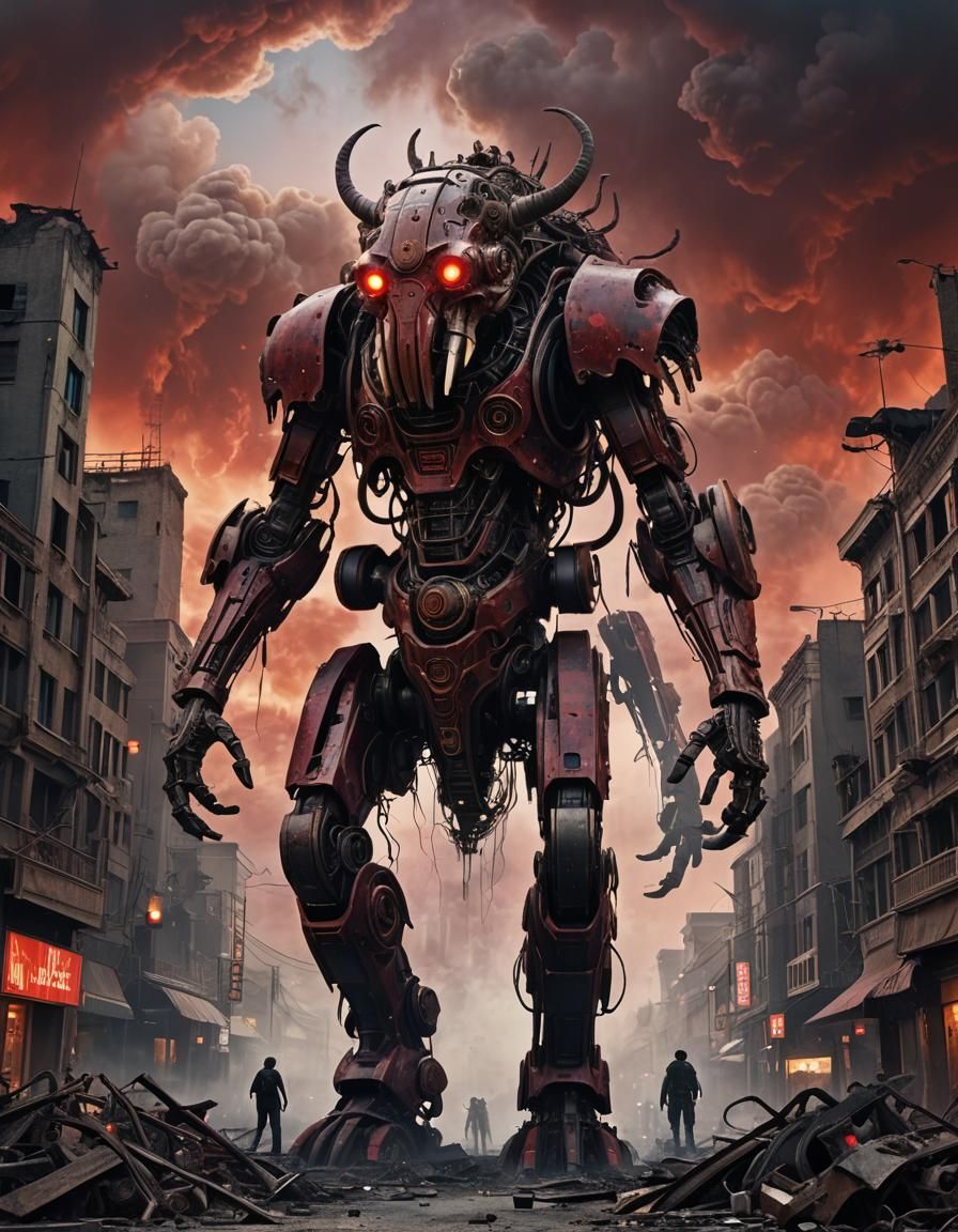Robotic Mammoth Emerges from Dystopian Cityscape