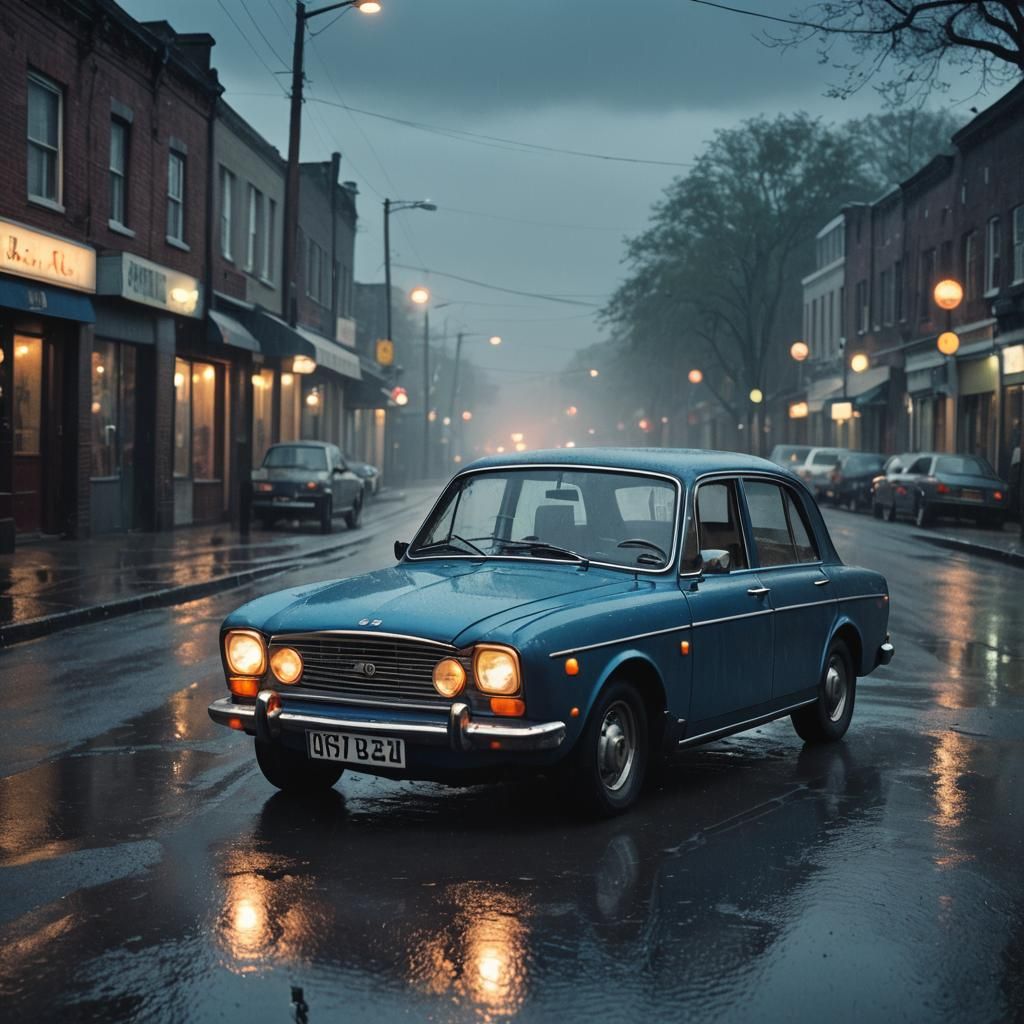 Retro 70s Austin Sedan on a Rainy Dusk Road