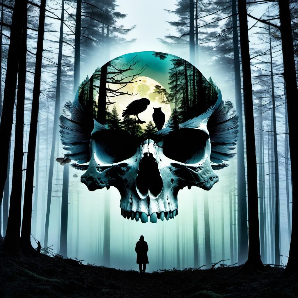 Eldritch Double Exposure: Skull and Owl in Forest