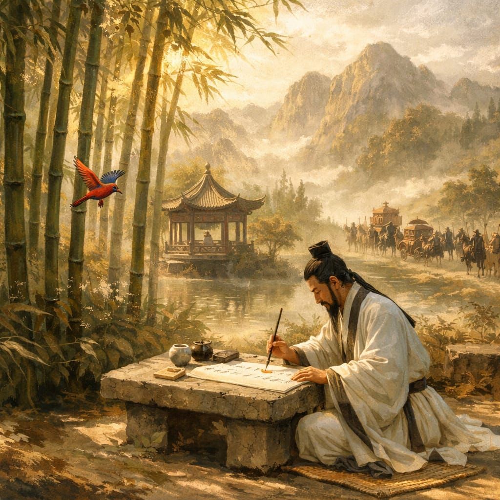 Scholar Practicing Calligraphy in Misty Bamboo Grove