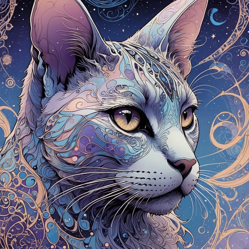 Moebius-Style Cat Silhouette with Celestial Patterns