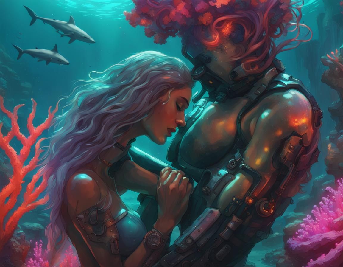 Cyberpunk Mermaid's Embrace: Diver and Sea Nymph