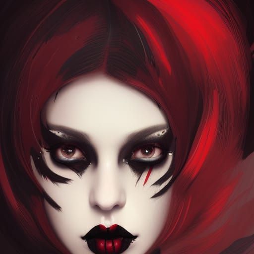 Yong Gothic lady with cat’s-eye eyeliner and smoky black eyeshadow and Red eyeshadow and Black lipstick