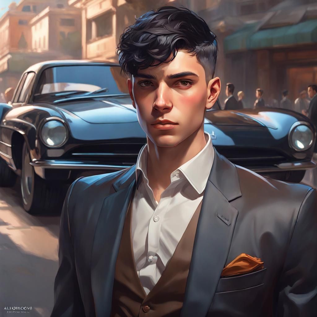 Boy in Suit with Modern Car, Digital Portrait