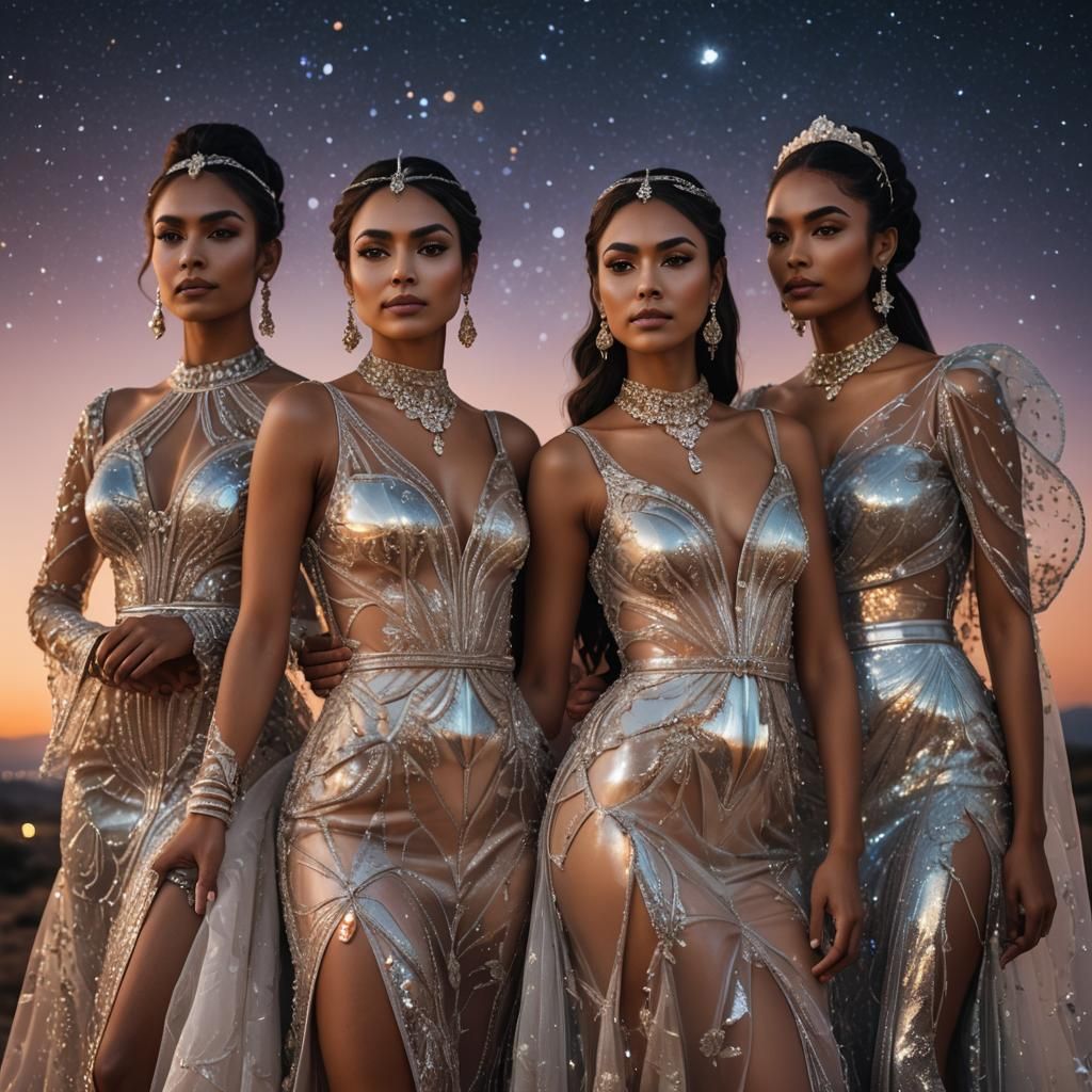 Five Women in Glass Dresses Under Night Sky