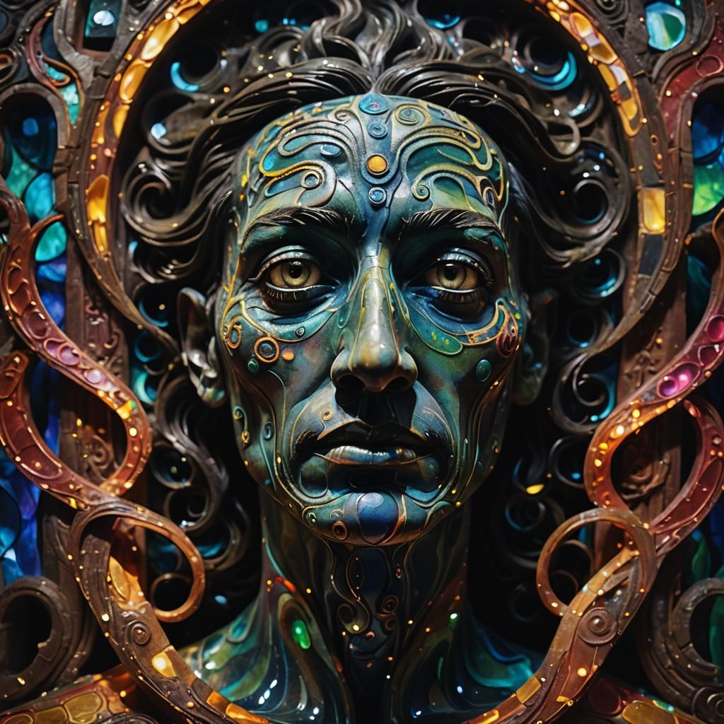 Surreal Figure in Temple with Iridescent Lights