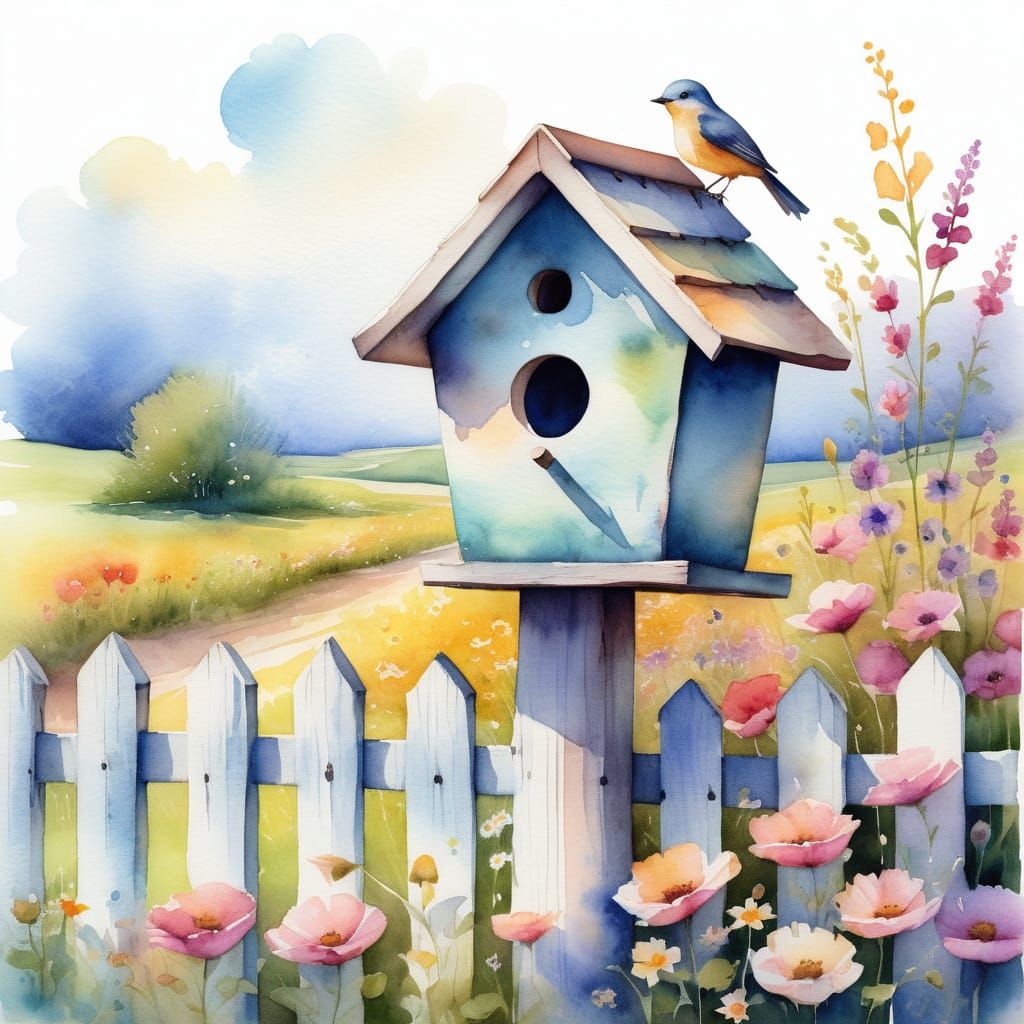 Birdhouse Cottage in Flower Meadow, Watercolor Style