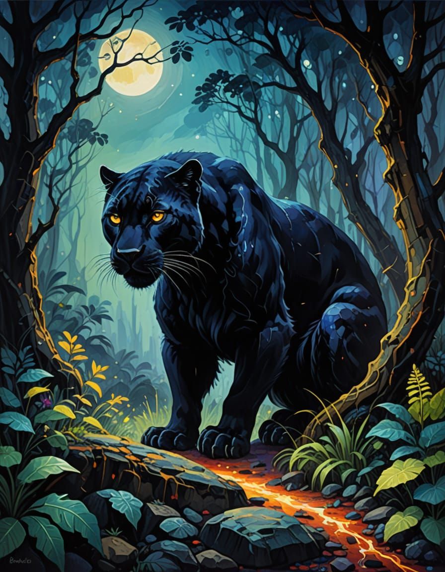 Midnight Panther in Highland Jungle, Neo-Impressionist Maste...