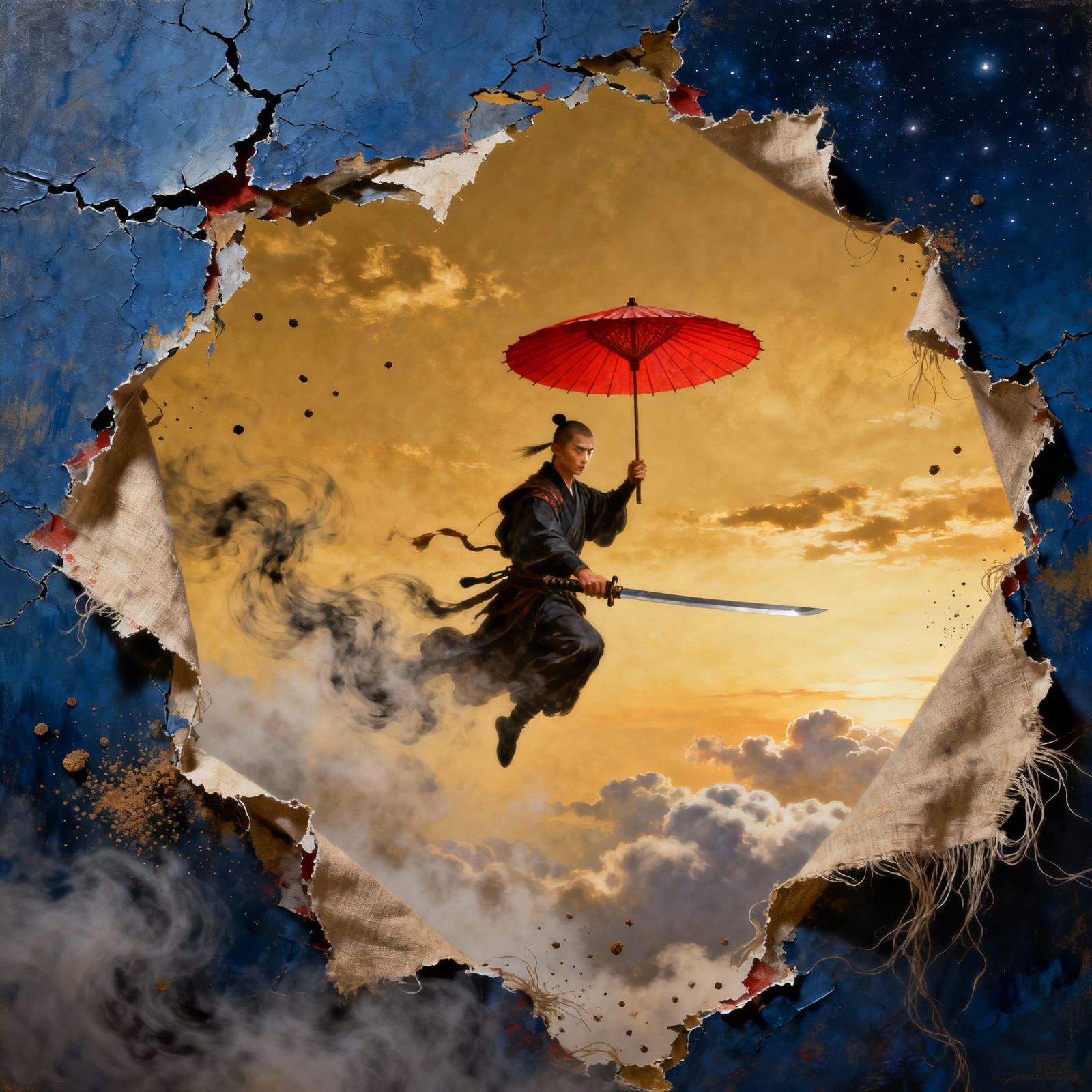 Indigo Night Sky Tears Open to Reveal Golden Daylight Sky