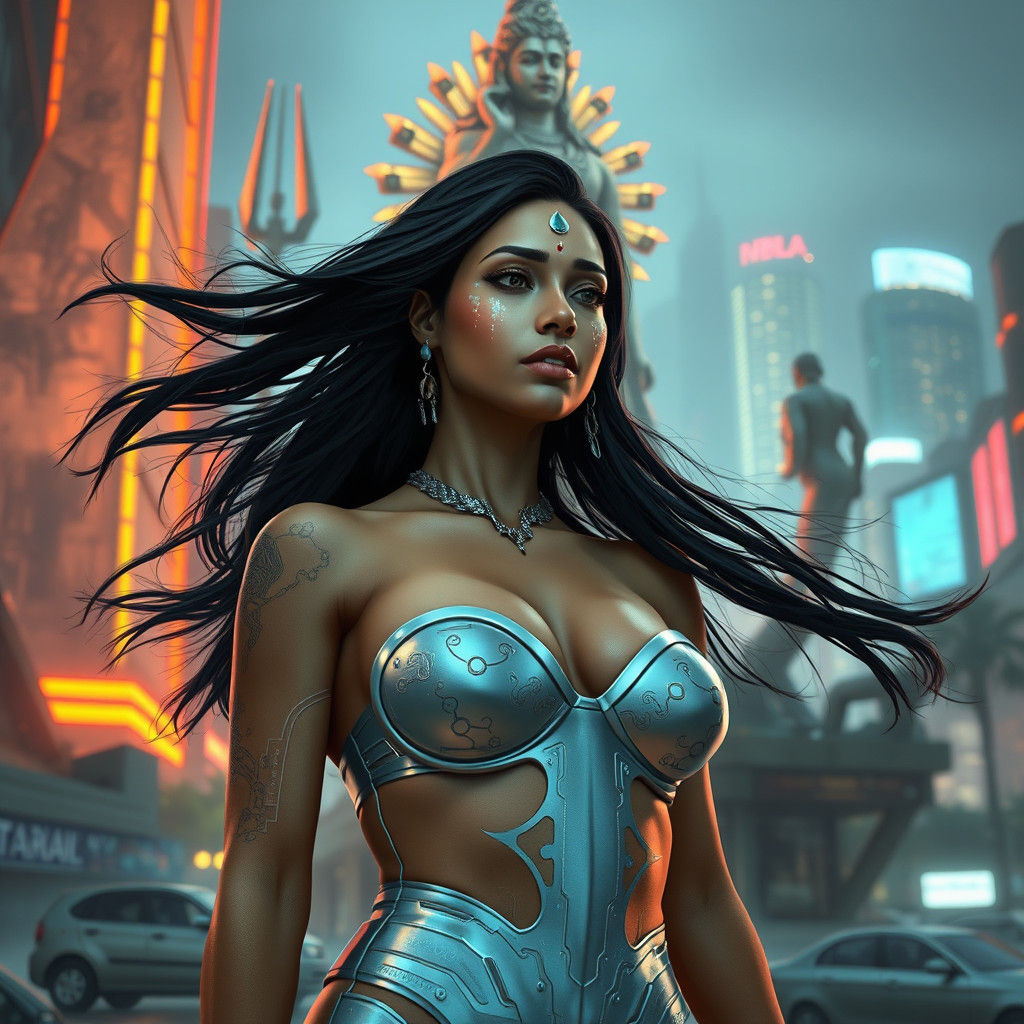 Futuristic Indian Woman Crying Before Shiva Statue