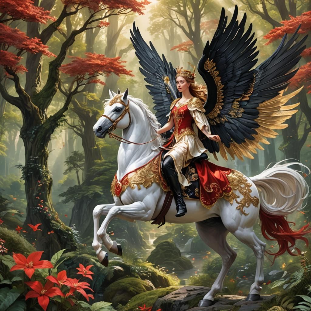 Fairy Riding Pegasus Through Forest with Dark Fantasy Elemen...