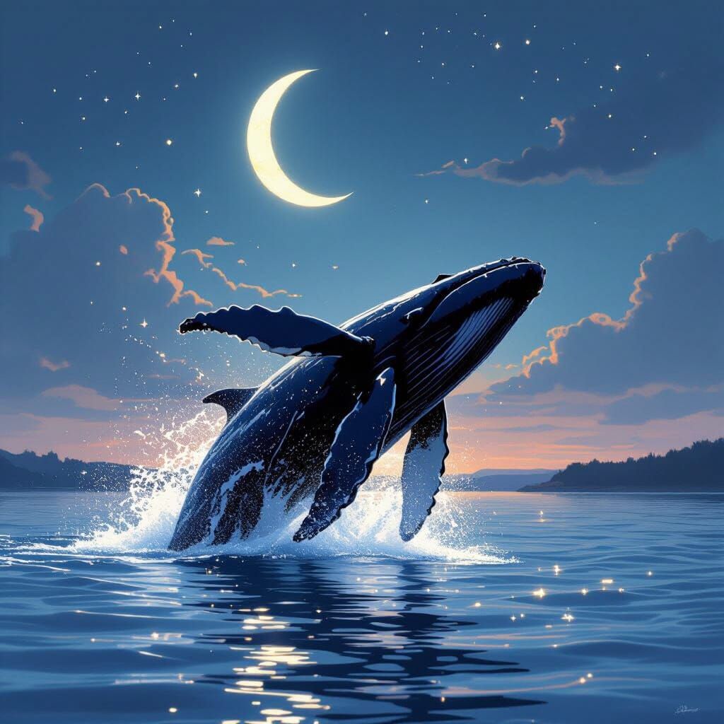Humpback Whale Breaching Under Crescent Moon