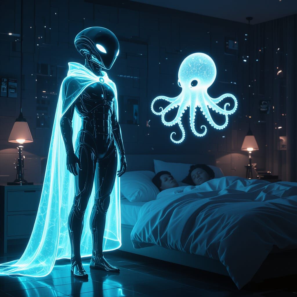 Transparent Alien & Glowing Octopus in Cyberpunk Bedroom