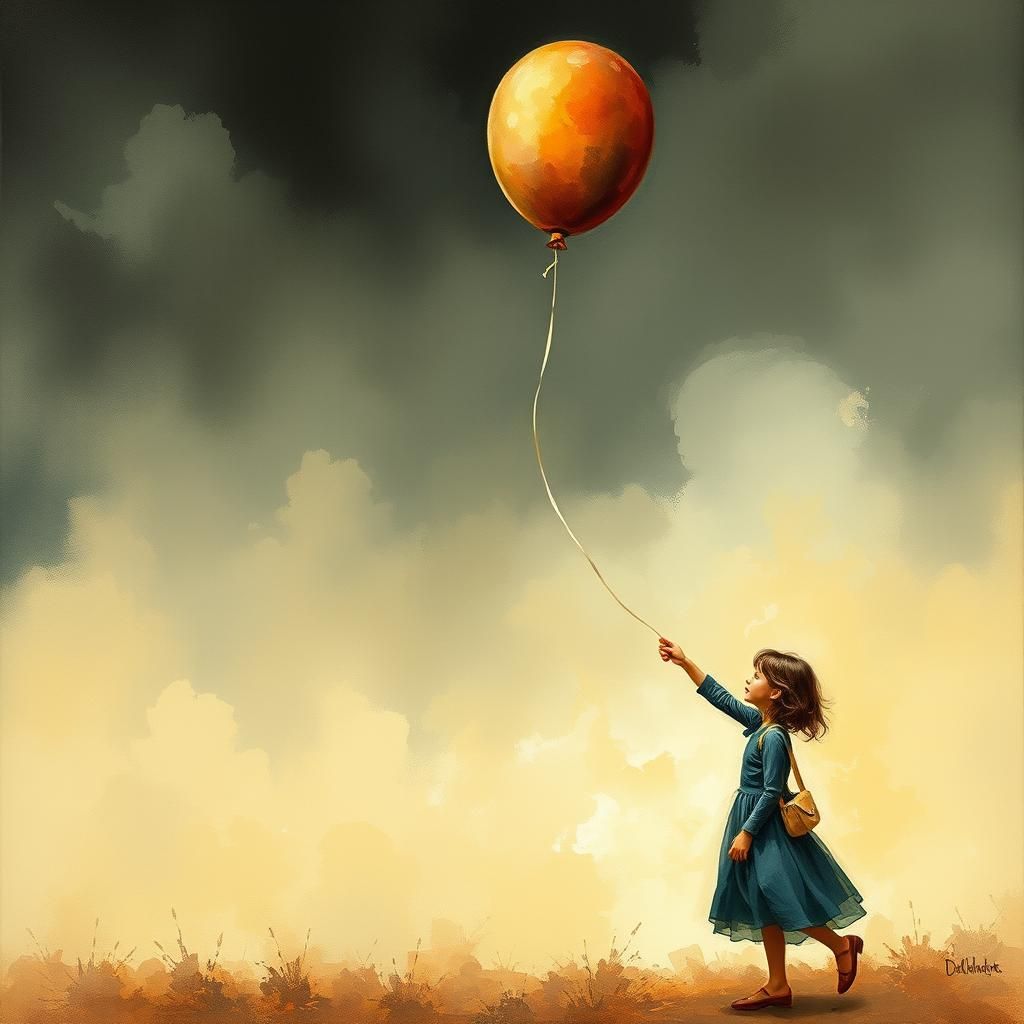 Woman and Child with Balloon: Gouache Impressionist Painting