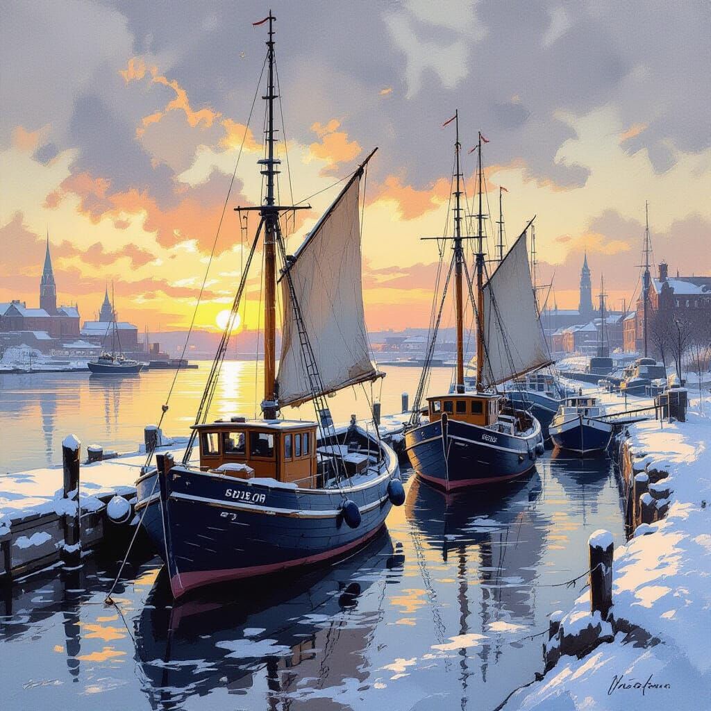 Winter Harbour Sunset with Old Boats in Painterly Realism