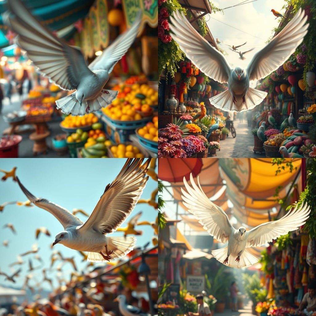 A Dove Flies Towards the Camera in a Vibrant Gflügelmarkt Sc...