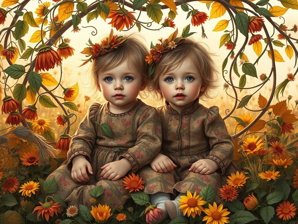 Whimsical Autumn Portrait of Toddler Siblings