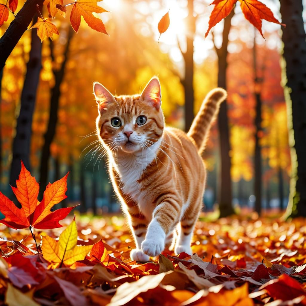 Ginger Cat Plays in Autumn Leaves at Sunset