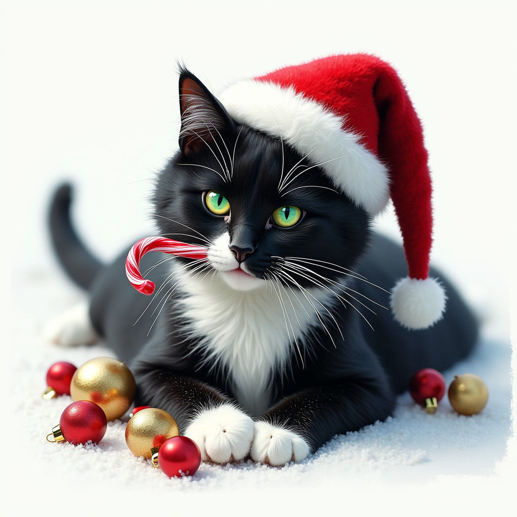 Majestic Cat in Santa Hat with Candy Cane and Baubles