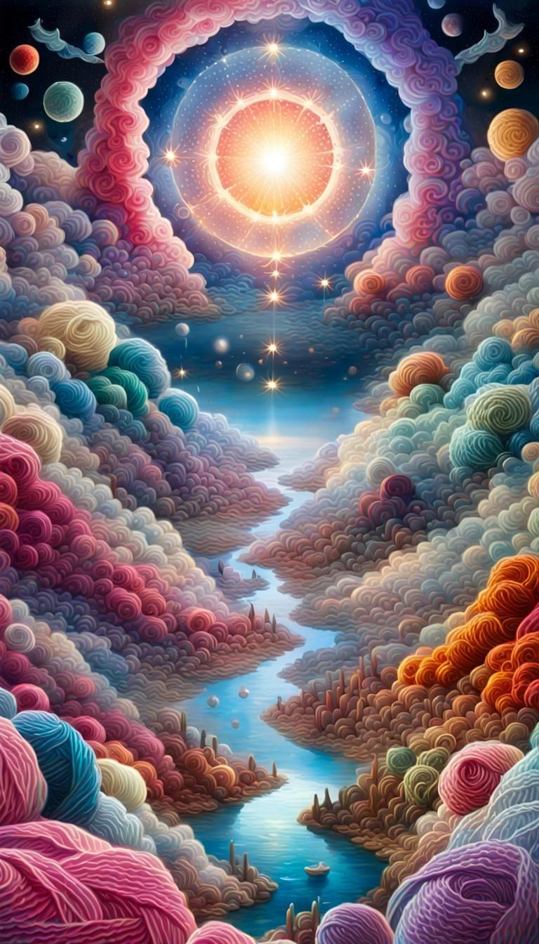 Celestial Yarn Crocheting the World: Cosmic Illustration