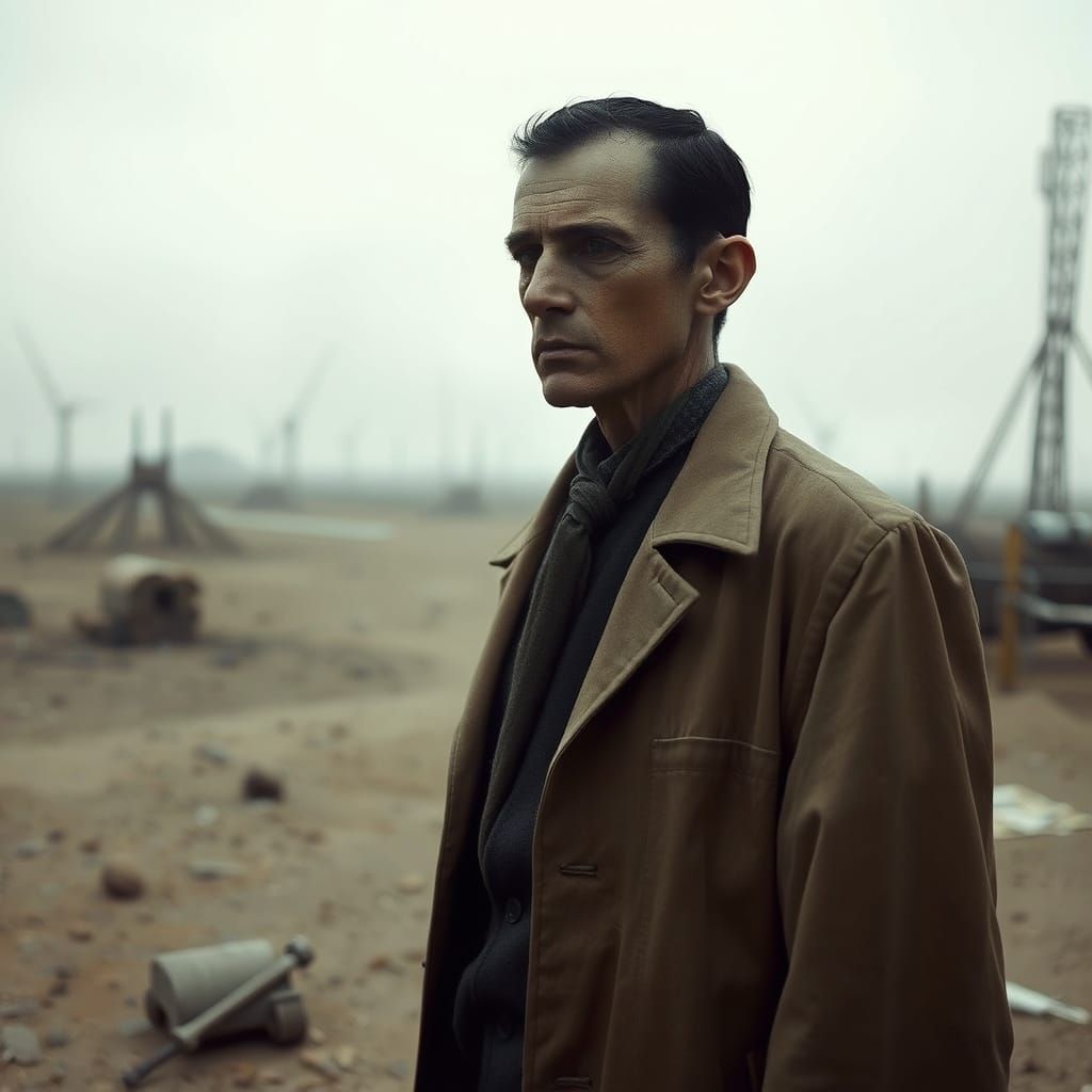 Solemn Figure in Dystopian Landscape, Surreal Art