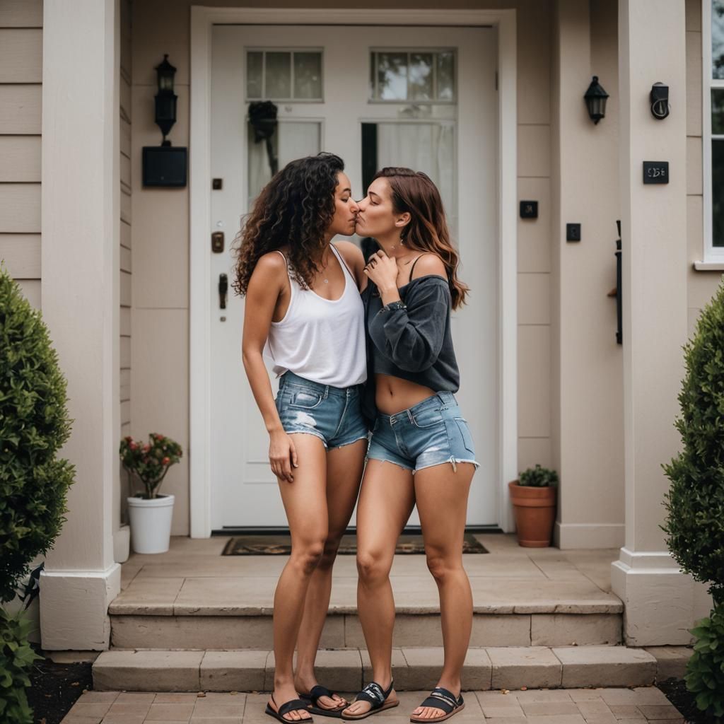 Lesbians Kissing in Short Shorts: Professional Photography