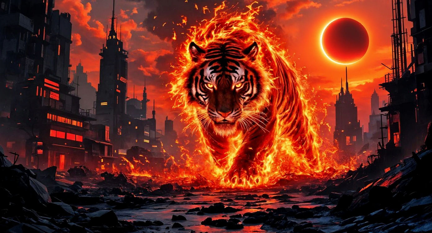 Fiery Tiger in Dystopian Sunset: Digital Art