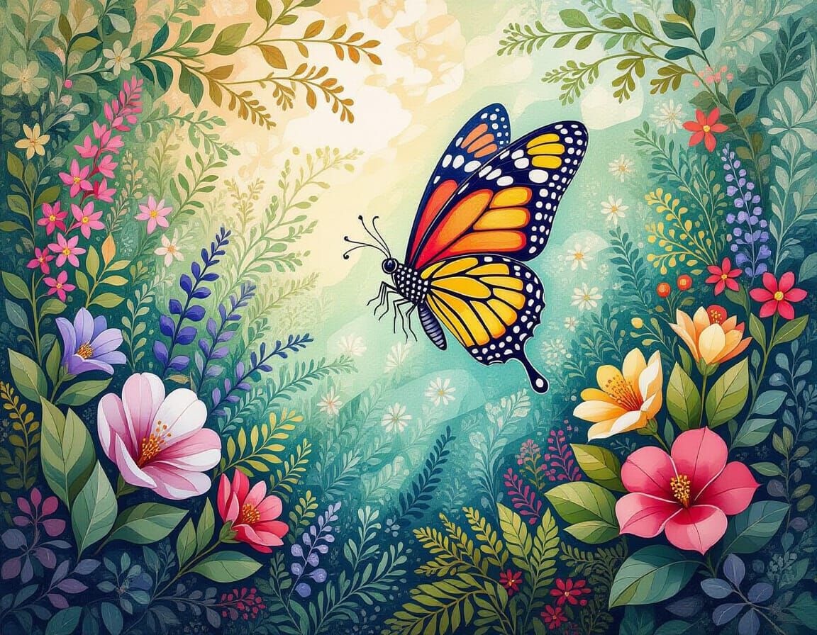 Dragon in Watercolor Garden: Pointillism Style