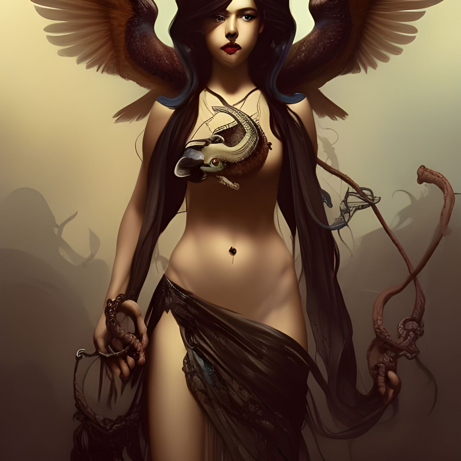 Lilith Portrait with Owl and Snake in Hyperdetailed Style