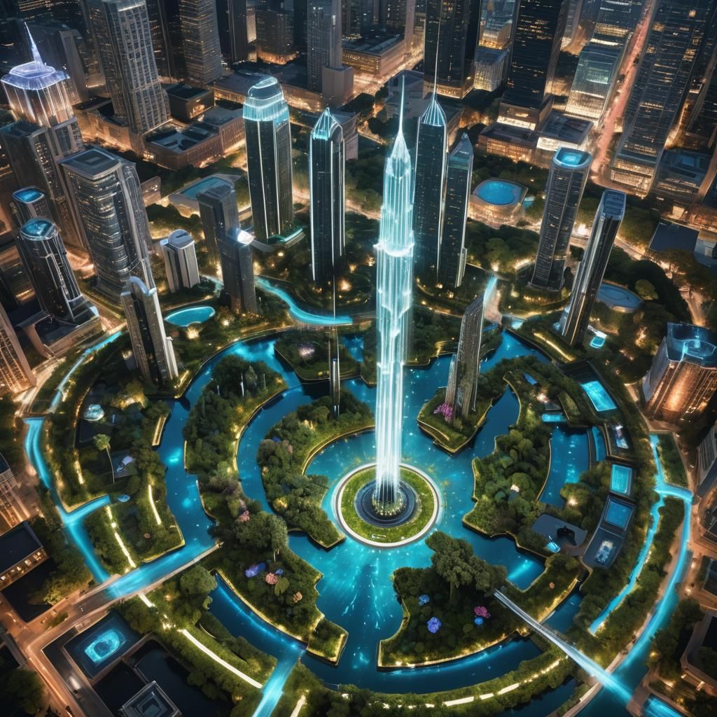 Futuristic Urban Landscape with Bioluminescent Flora in 8k