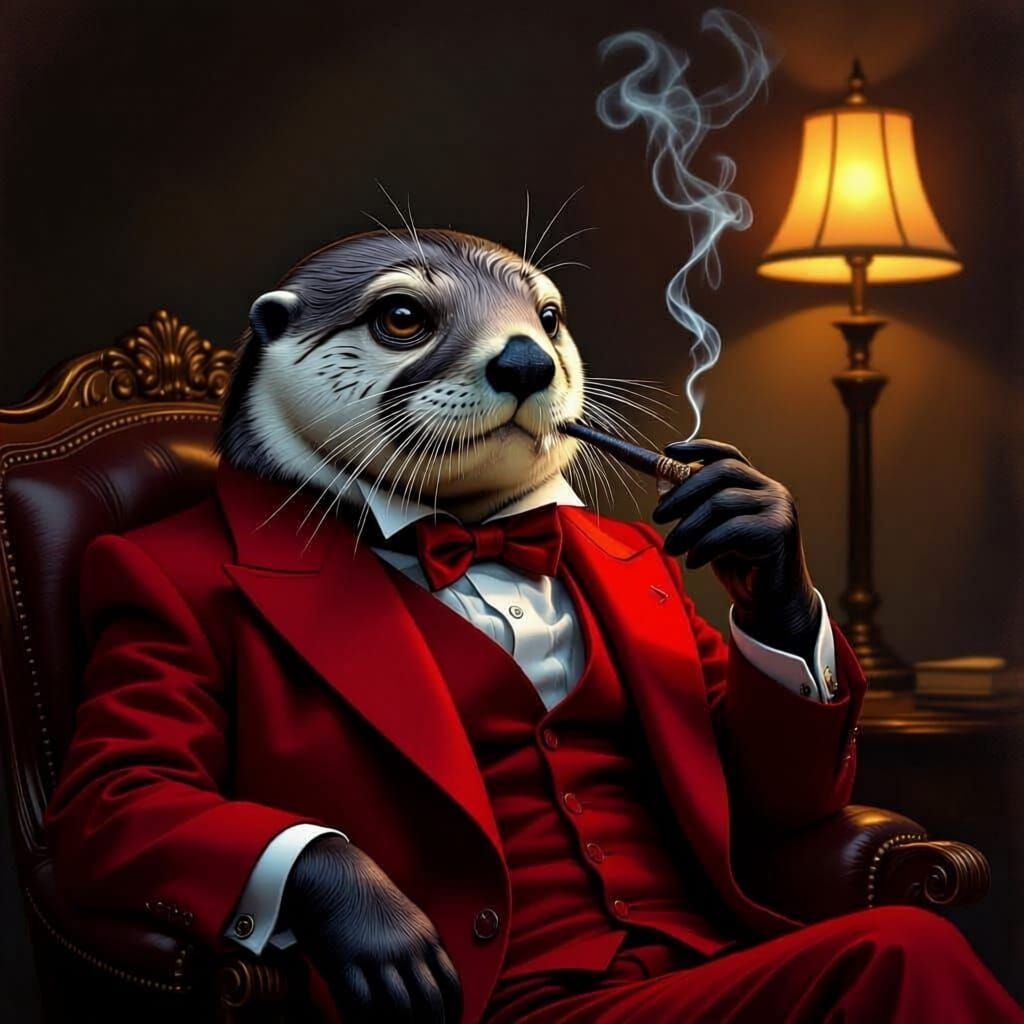 Sentient Otter in Red Suit with Monocle and Cigarette