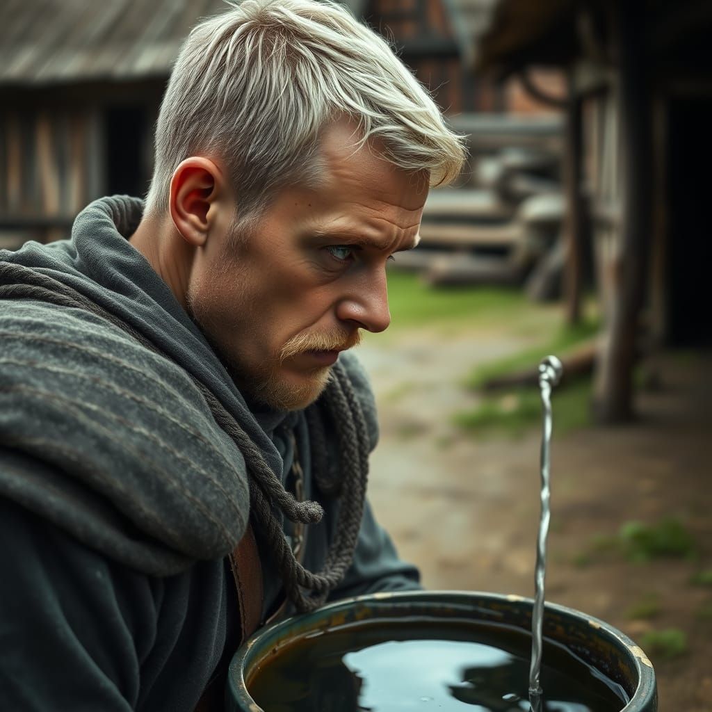 Medieval Farmer's Reflection in Dramatic Digital Painting