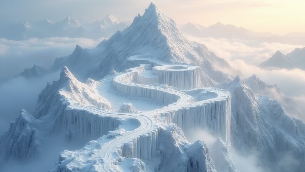 Mystical White Mountain Labyrinth in Ethereal Fog