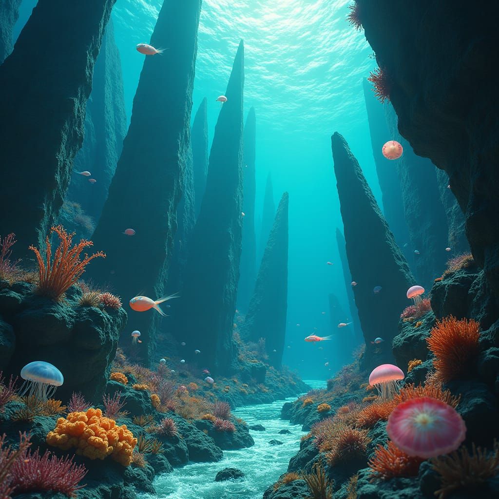 Surreal Deep-Sea Landscape with Bioluminescent Marine Life