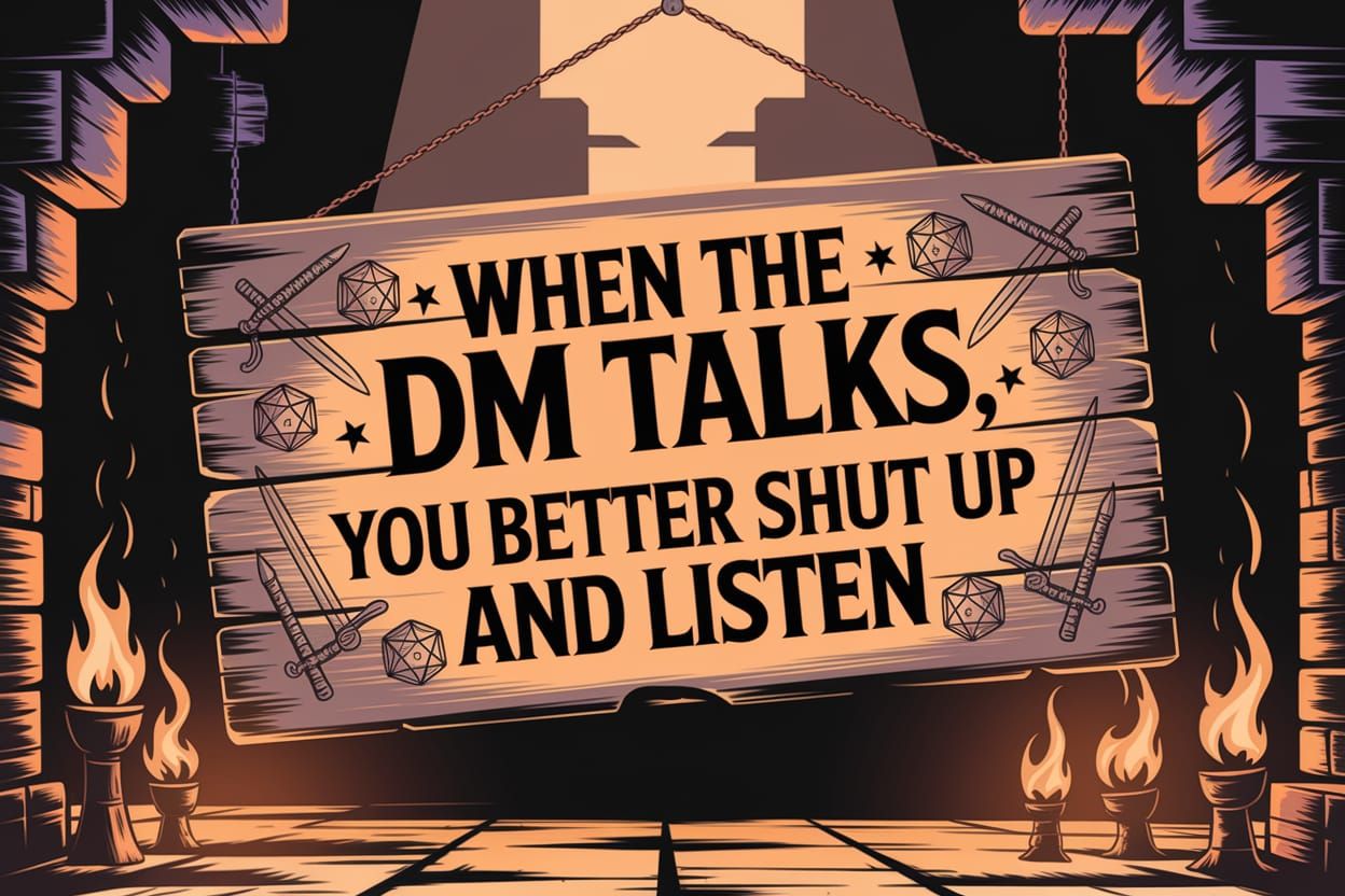 Dramatic Dungeons and Dragons Sign with Dice and Runes